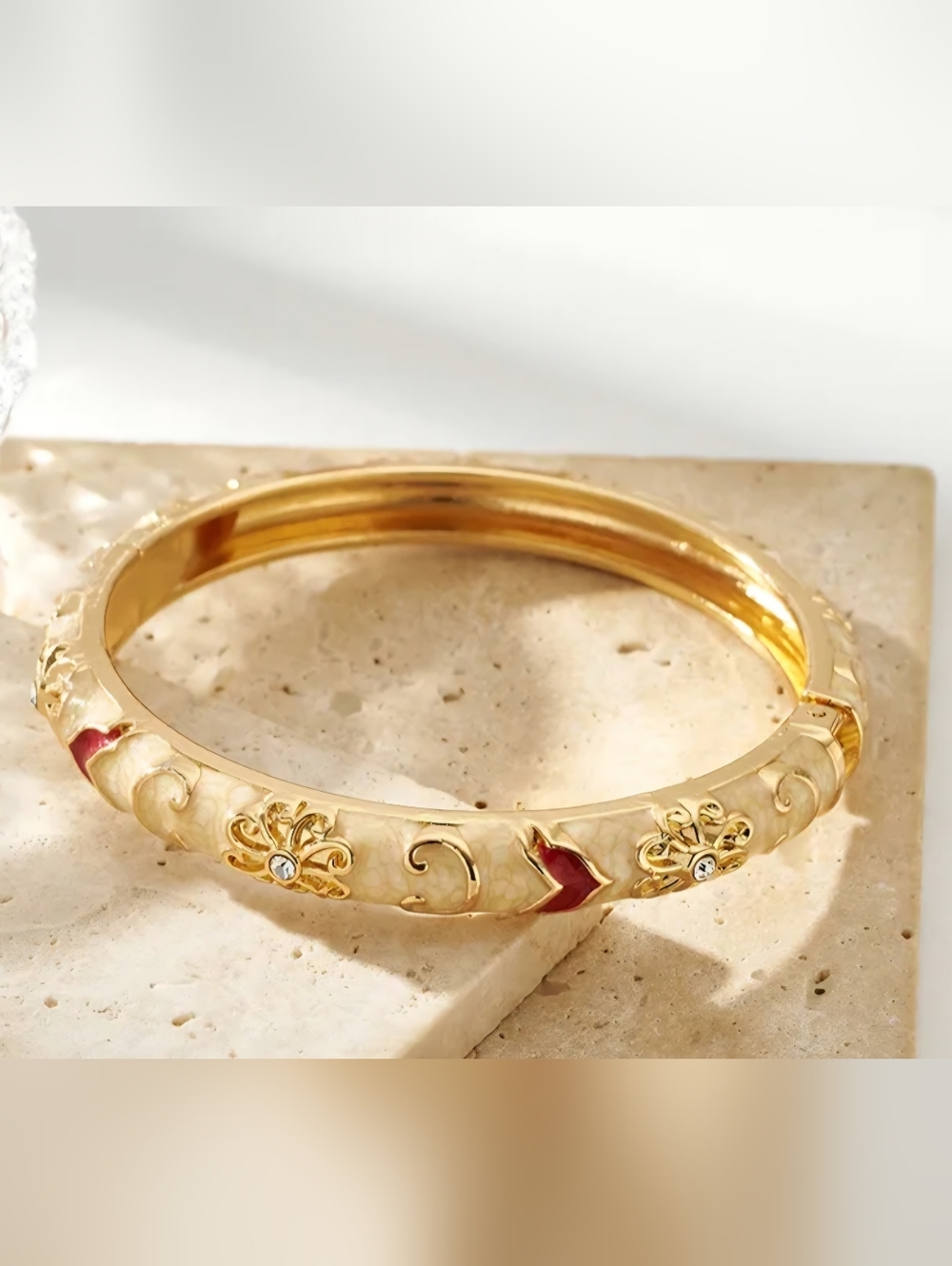 Cream Enamel Floral Gold Bangle Bracelet
